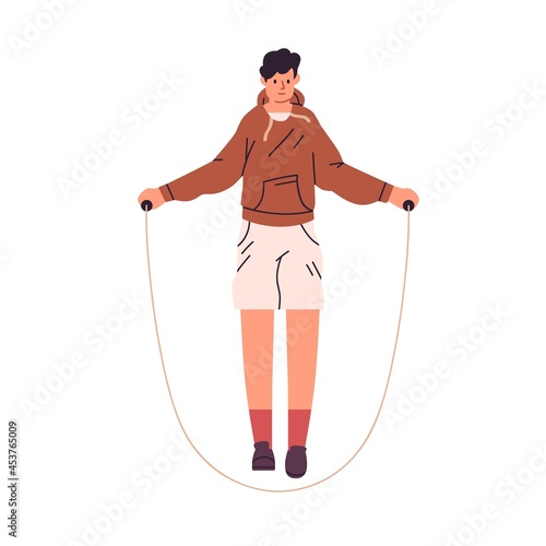 Person jumping over skipping rope. Man at cardio workout. Young guy doing physical exercise for endurance. Flat vector illustration of sports training isolated on white background