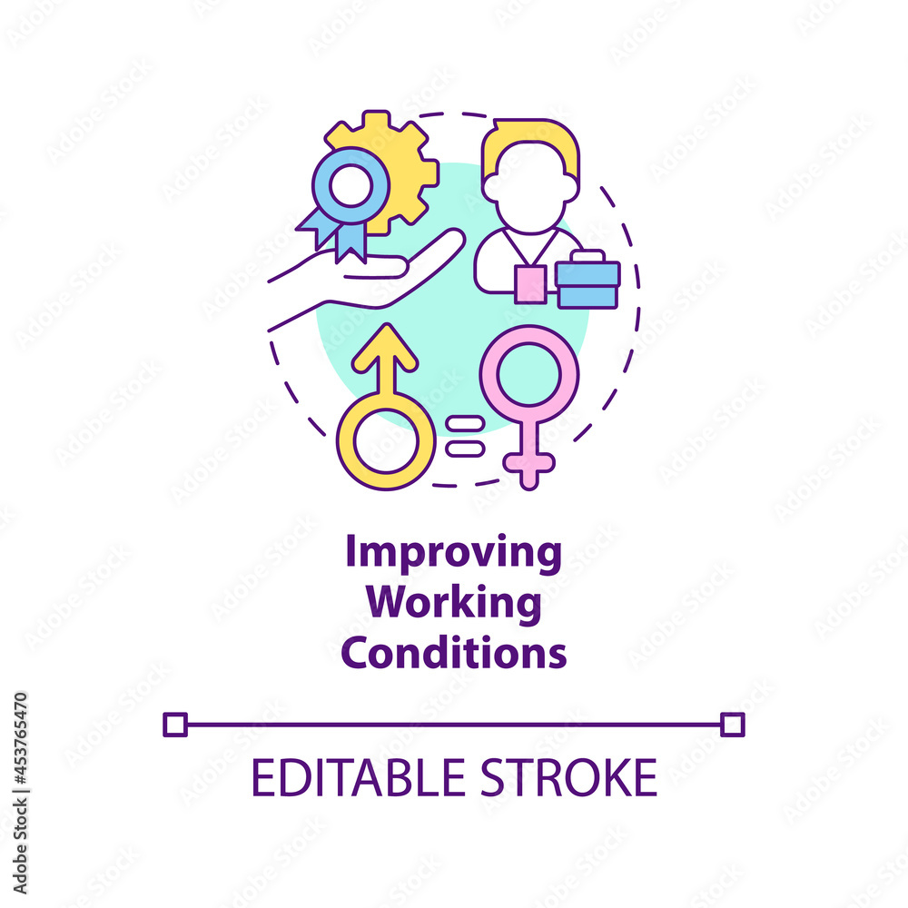 Improving working conditions concept icon. Workplace rights protection abstract idea thin line illustration. Corporate social responsibility. Vector isolated outline color drawing. Editable stroke Improving working conditions concept icon. Workplace rights protection abstract idea thin line illustration. Corporate social responsibility. Vector isolated outline color drawing. Editable stroke