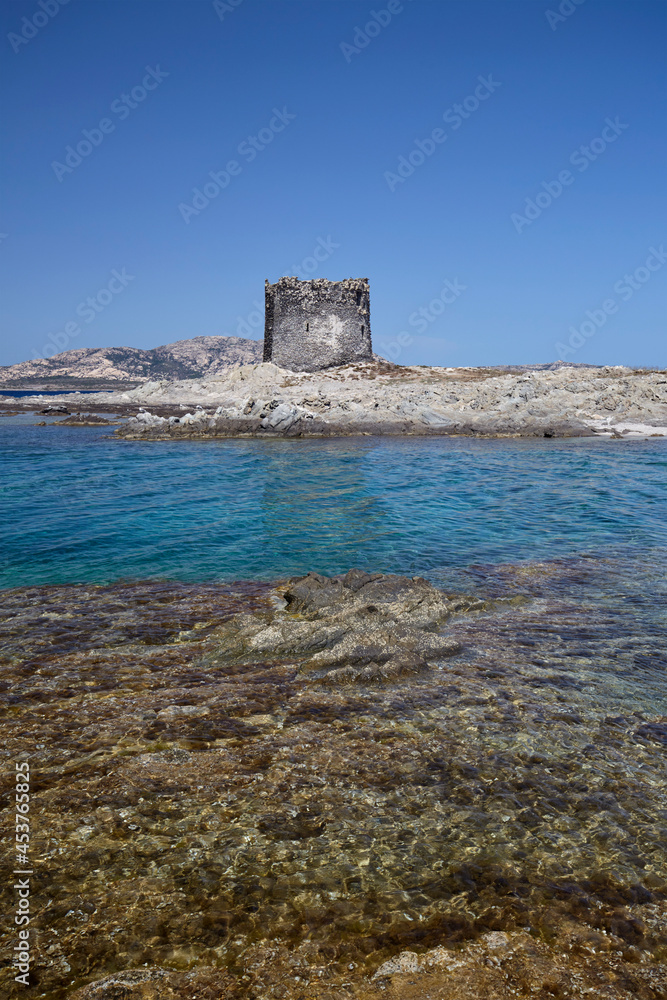 The sea in Stintino with La Pelosa tower, Sardinia, Italy