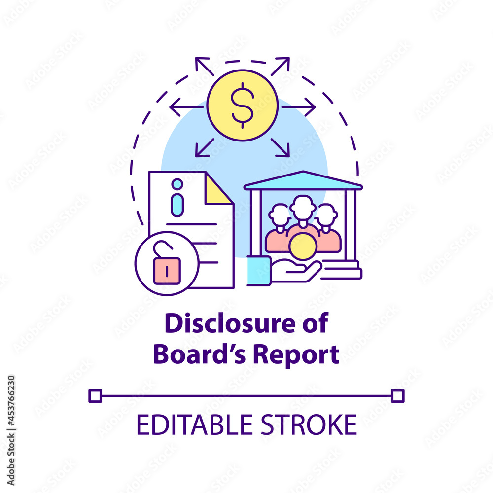 Disclosure of board report concept icon. Transparent activities abstract idea thin line illustration. Corporate social responsibility. Vector isolated outline color drawing. Editable stroke Disclosure of board report concept icon. Transparent activities abstract idea thin line illustration. Corporate social responsibility. Vector isolated outline color drawing. Editable stroke