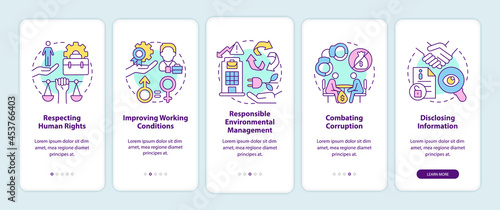 CSR issues onboarding mobile app page screen. Corporate social responsibility walkthrough 5 steps graphic instructions with concepts. UI, UX, GUI vector template with linear color illustrations