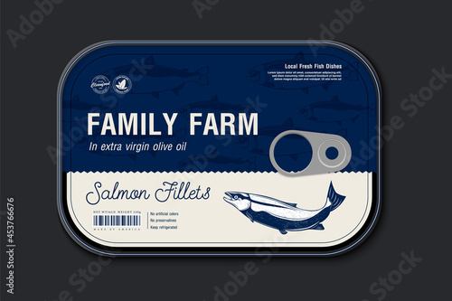 Canned king salmon label template, vector fish tin can with label cover, packaging design concept