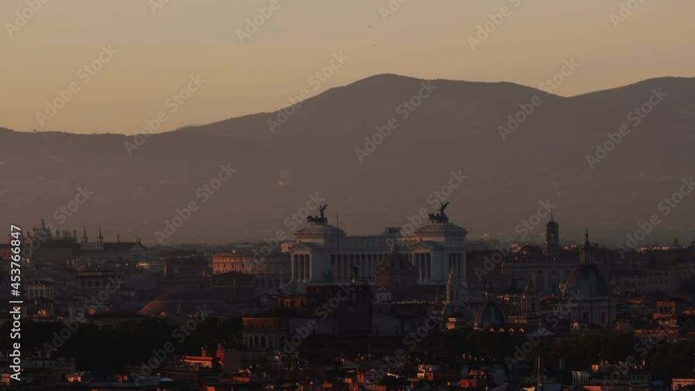 Timelapse of Sunrise over ancient Rome from piazzale Socrate with Colosseum, Imperial Forums, Altar of the Fatherland and other famous monuments, Rome, Italy Timelapse of Sunrise over ancient Rome from piazzale Socrate with Colosseum, Imperial Forums, Altar of the Fatherland and other famous monuments, Rome, Italy