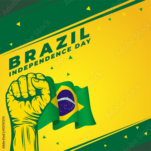 Square Banner illustration of Brazil independence day celebration. Waving flag and hands clenched. Vector illustration.