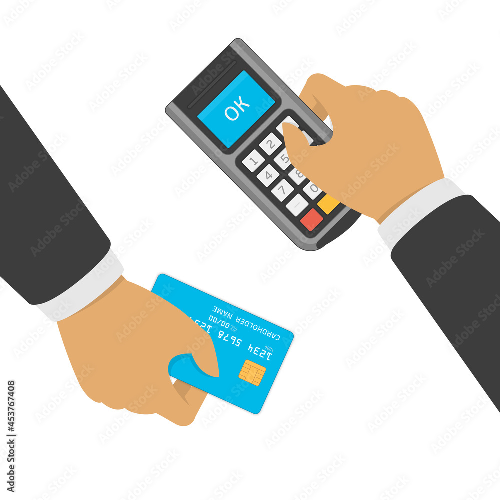 Hand holding credit card near POS terminal. Payment by credit or debit