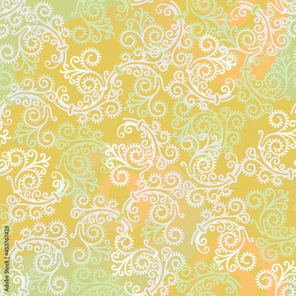 Seamless pattern with a light openwork pattern for wrapping paper or for decoration of wedding products. Stylized plastic branches on a yellow background.