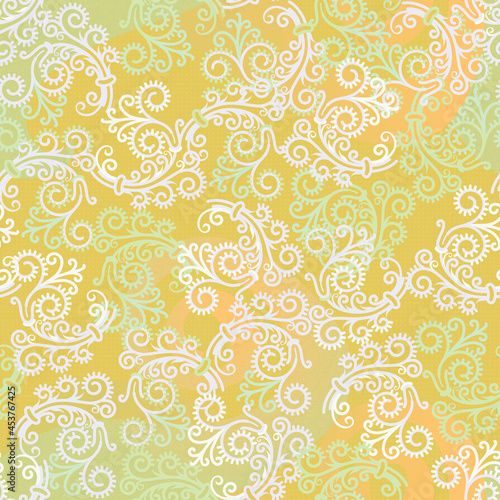 Seamless pattern with a light openwork pattern for wrapping paper or for decoration of wedding products. Stylized plastic branches on a yellow background.