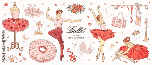 Hand drawn sketch ballet set. Vector illustration