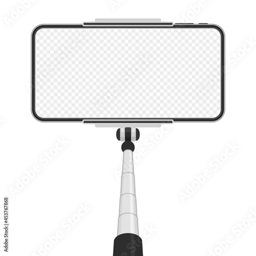 Smartphone with empty screen on monopod isolated on transparent background. Selfie photographic on mobile phone concept. Self portrait mockup. Modern gadget with stick for photo illustration. EPS 10.