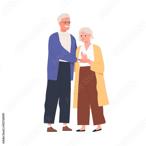Happy senior love couple of old man and woman. Elderly people standing together. Portrait of grandfather and grandmother. Flat vector illustration of grandparents isolated on white background