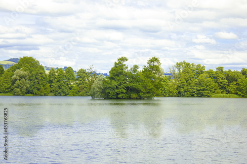 Beautiful Maven lake surrounded by green trees on a cloudy day in Mauensee, Switzerland photo