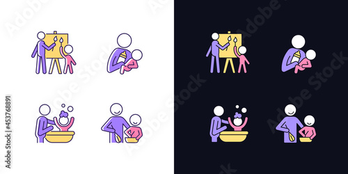 Fototapeta Naklejka Na Ścianę i Meble -  Parent-child bonding light and dark theme RGB color icons set. Painting together. Bottle feeding. Isolated vector illustrations on white and black space. Simple filled line drawings pack