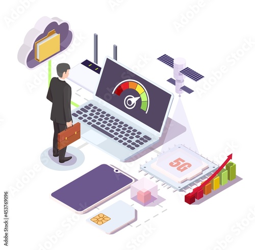 5G wifi high speed internet flowchart, vector isometric illustration. 5g network, new wireless technology