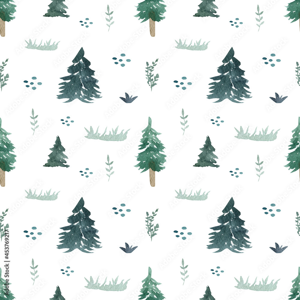Seamless pattern with watercolor illustrations of trees. Green forest on white backdrop. 
