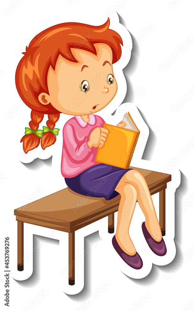 Sticker template with a girl reading a book isolated Sticker template with a girl reading a book isolated