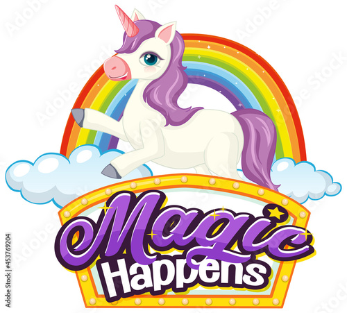 Unicorn cartoon character with Miracles Happen font banner