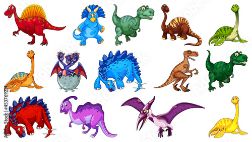 Different dinosaurs cartoon character and fantasy dragons isolated