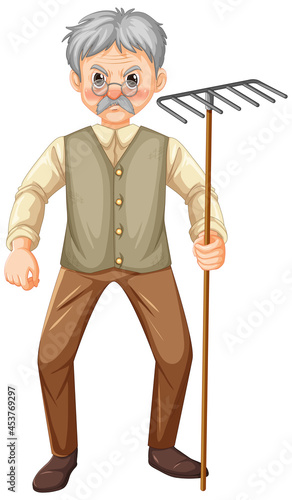 Old farmer man cartoon character holding rake garden tool