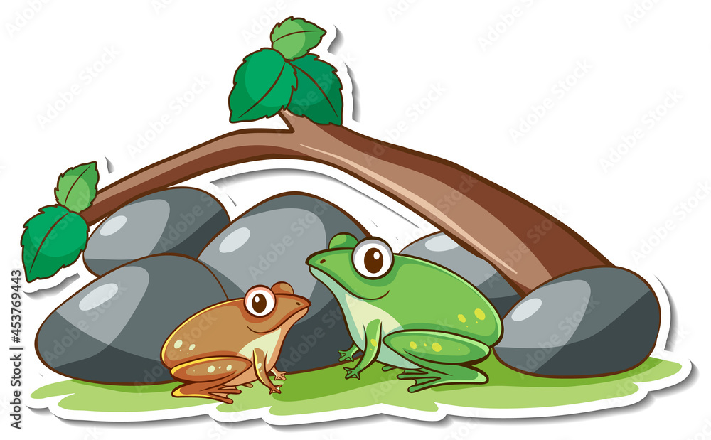Naklejka premium Sticker two frogs with nature elements