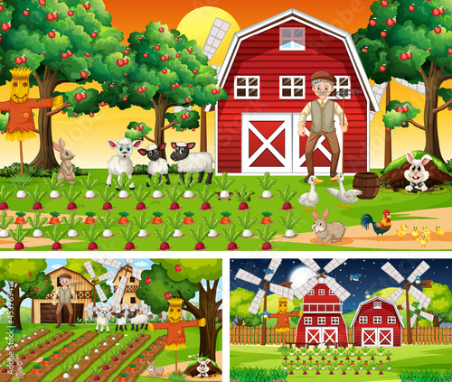 Set of farm scenes at different times