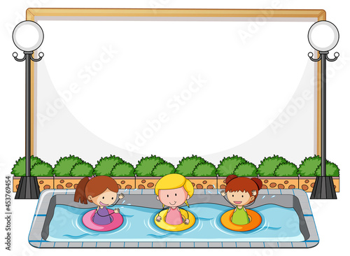 Empty banner with many kids in the pool