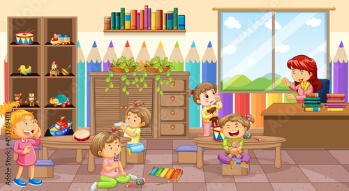 Nursery room scene with a teacher and many kids