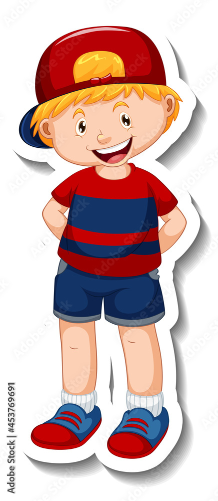Sticker template with a boy cartoon character isolated