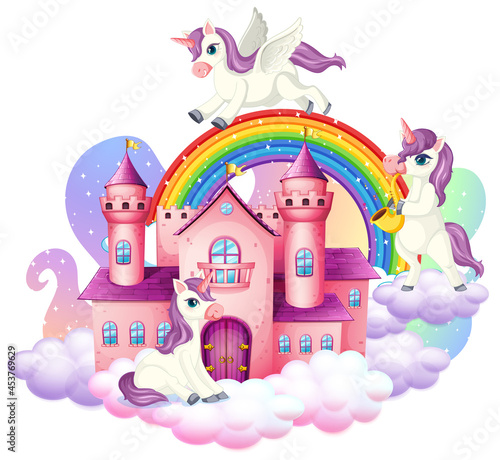 Many cute unicorns cartoon character with castle on the cloud
