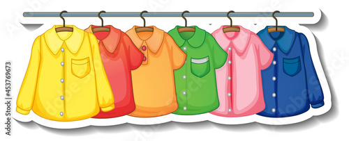 A sticker template of Clothes racks with many clothes on hangers on white background