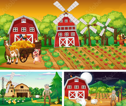 Set of farm scenes at different times