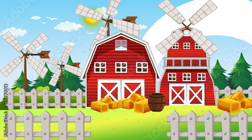 Farm landscape scene with barn and windmill
