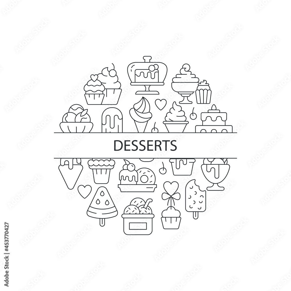 Assorted desserts abstract linear concept layout with headline. Sweets collection minimalistic idea. Cafe menu for desserts. Thin line graphic drawings. Isolated vector contour icons for background