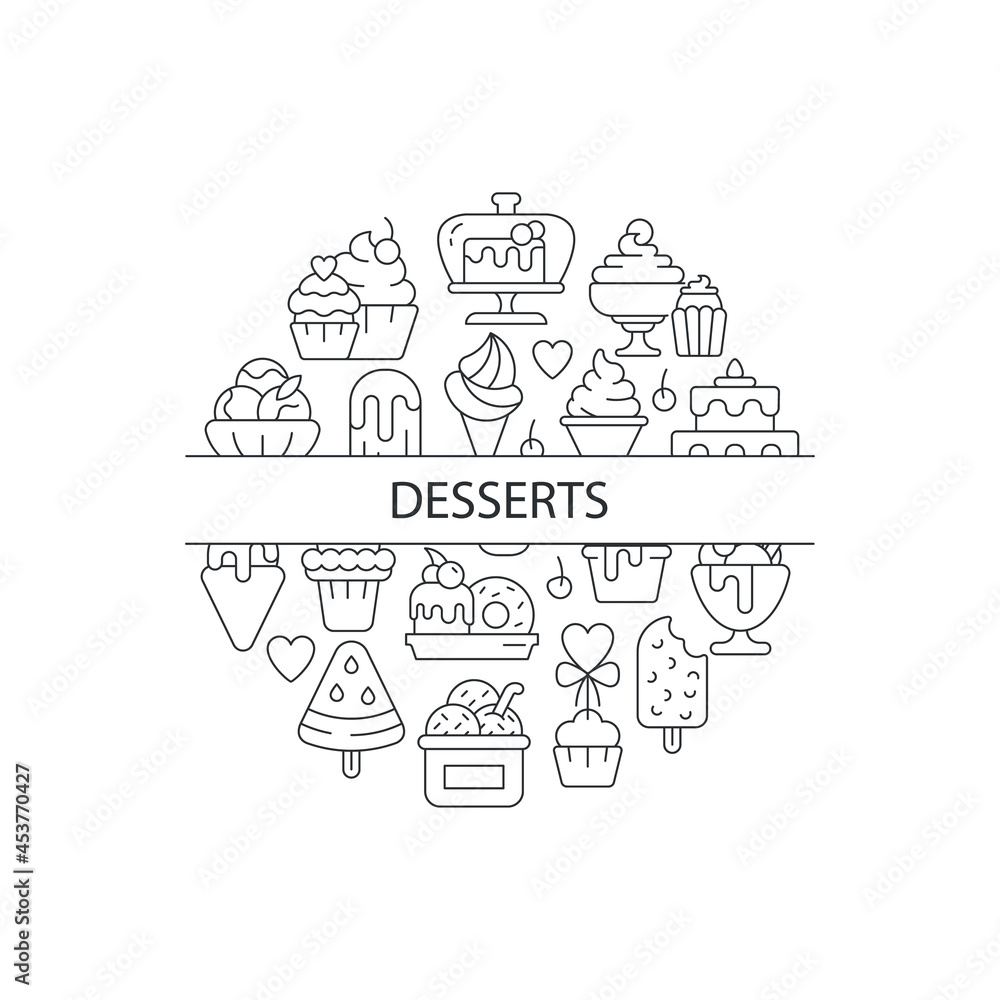 Assorted desserts abstract linear concept layout with headline. Sweets collection minimalistic idea. Cafe menu for desserts. Thin line graphic drawings. Isolated vector contour icons for background Assorted desserts abstract linear concept layout with headline. Sweets collection minimalistic idea. Cafe menu for desserts. Thin line graphic drawings. Isolated vector contour icons for background