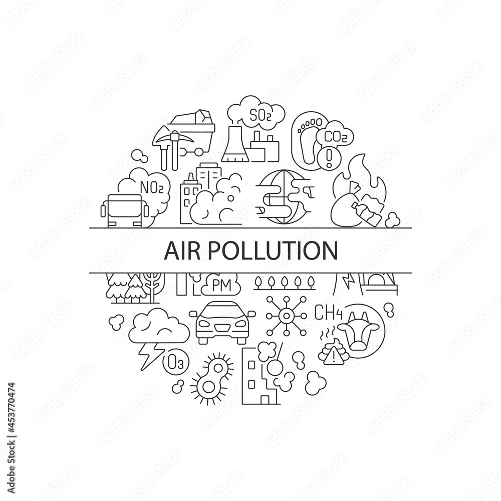 Urban pollution abstract linear concept layout with headline. Climate problem minimalistic idea. Carbon footprint. Thin line graphic drawings. Isolated vector contour icons for background