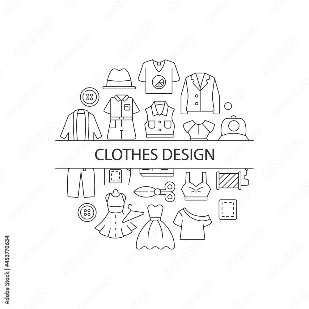 Sewing clothes abstract linear concept layout with headline. Making new garments. Needlecraft minimalistic idea. Thin line graphic drawings. Isolated vector contour icons for background