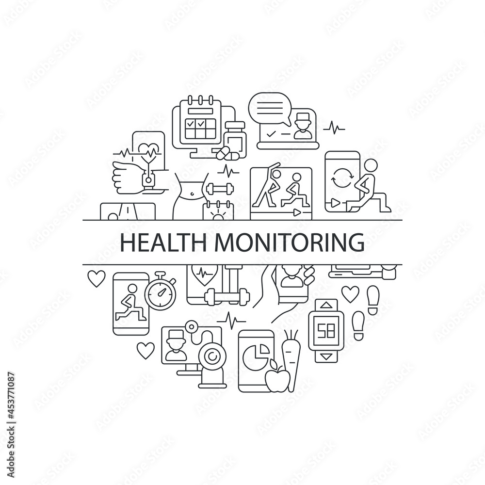 Health monitoring abstract linear concept layout with headline. Call with doctor. Fitness tracker minimalistic idea. Thin line graphic drawings. Isolated vector contour icons for background