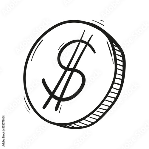 hand drawn icon coin dollar in doodle style isolated