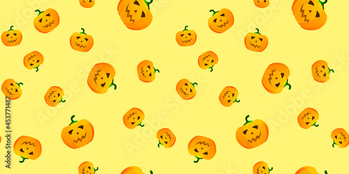 Fototapeta Naklejka Na Ścianę i Meble -  Halloween pumpkin seamless pattern. Festive pumpkin on orange background. Vector illustration for design, invitation, wrapping paper, banner, advertisement, promotion. Halloween concept.