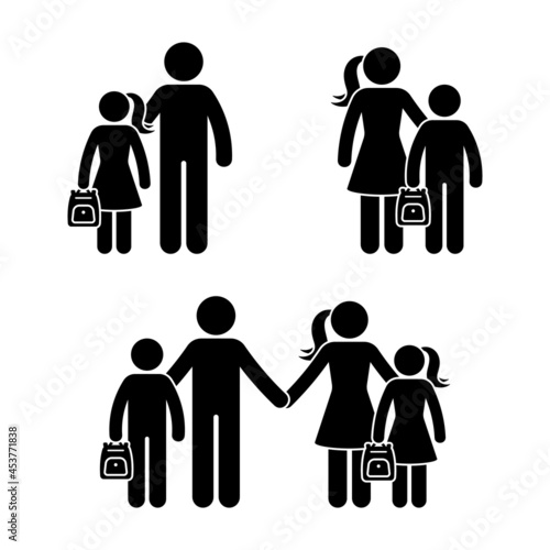 Stick figure family, school boy and girl standing together vector icon illustration set. Back to school children, kid, son, daughter, father, mother parents silhouette pictogram on white