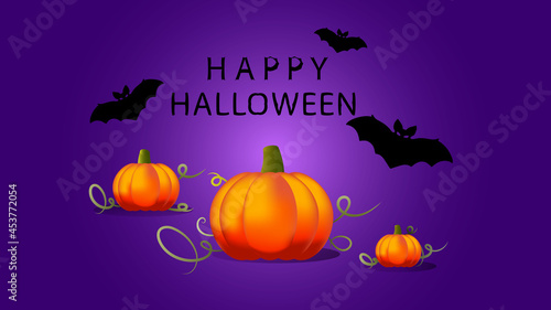 Bright orange pumpkins and bats for Halloween mood. Purple background with glow.