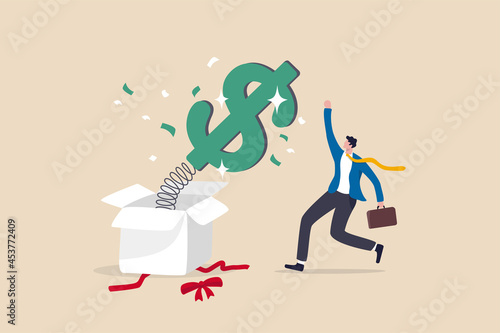 Surprise money or reward, bonus or salary raise, investment profit, dividend or high return stock, lucky giveaway or winning prize concept, happy businessman jumping high opening surprise money box.