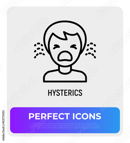 Human in hysterics, crying child thin line icon. Negative emotion. Modern vector illustration