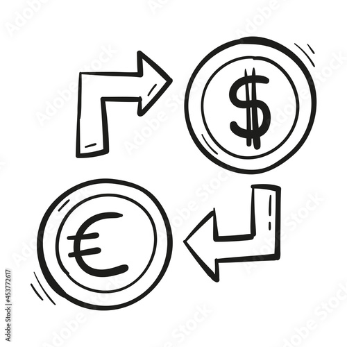 hand drawn exchange currency icon in doodle style isolated