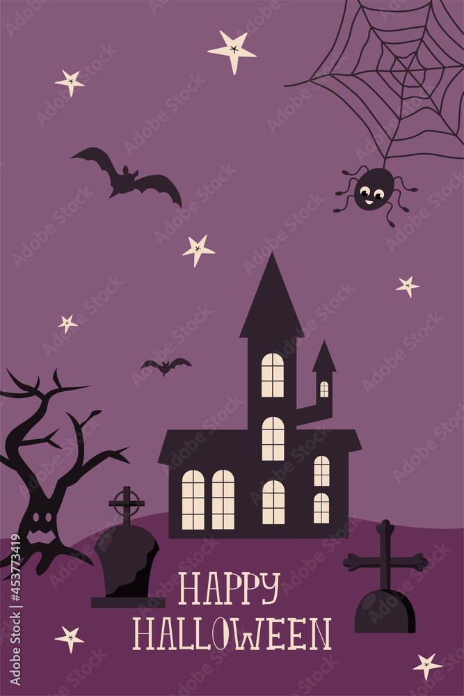 Happy Halloween greeting card template with dark castle, cemetery, scary tree, spider and bats.l Modern cartoon vector illustration for halloween party design, flyers, invitation, posters etc