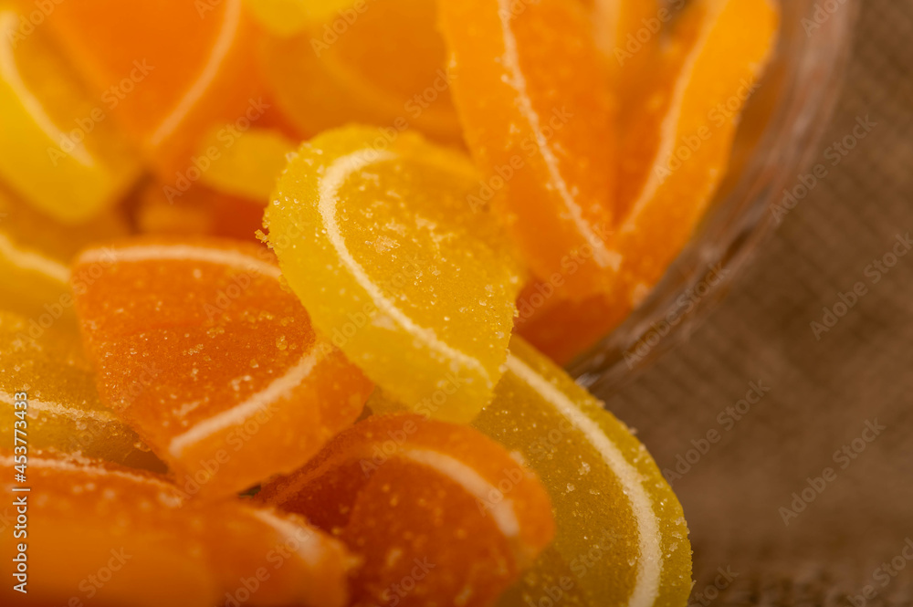Multi-colored shaped marmalade lemon slices, close-up, selective focus. Multi-colored shaped marmalade lemon slices, close-up, selective focus.