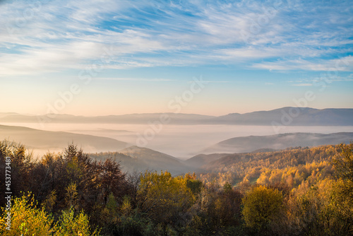 Autumn morning in the mountains fog covered the yellow trees with a beautiful sky. Nature landscape