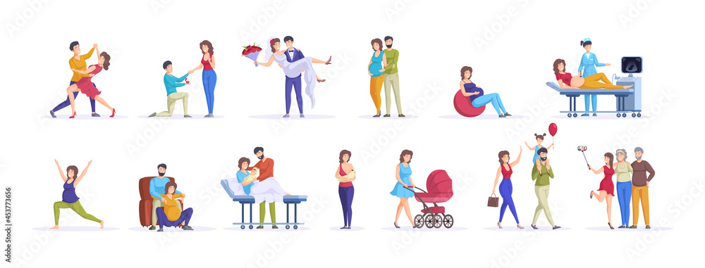 Family life cycle set. Man and woman dating, engagement, married, pregnancy, childbirth, parenting
