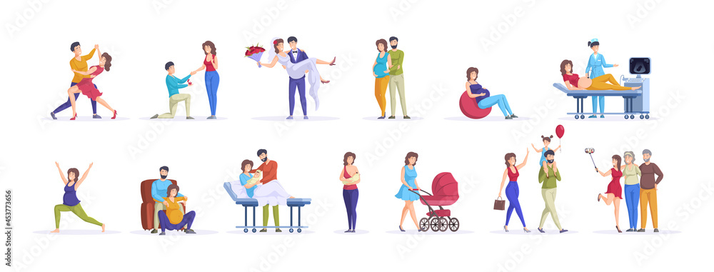 Fototapeta premium Family life cycle set. Man and woman dating, engagement, married, pregnancy, childbirth, parenting