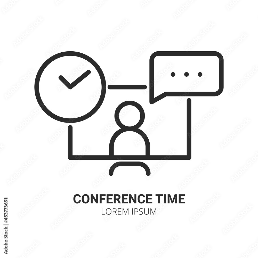 Work from home concept. Computer with human and clock chatting. Video conference and online meeting concept. Distance work and learning. Vector illustration. Laptop, computer, chatting, conferencing Work from home concept. Computer with human and clock chatting. Video conference and online meeting concept. Distance work and learning. Vector illustration. Laptop, computer, chatting, conferencing