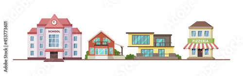 Urban street horizontal panorama. City life with house facades, road tree. Panoramic view of modern exterior buildings, cottages, school, pizzeria, country houses. Neighborhood district with apartment